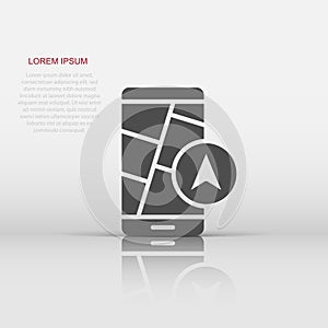 Smartphone map icon in flat style. Mobile phone gps navigation vector illustration on white isolated background. Locate pin