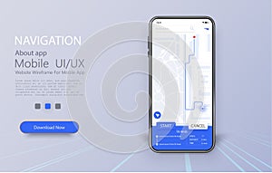 Smartphone with map and navigation pinpoint on screen. Online Mobile App UI, UX and GUI Screen. GPS navigation concept