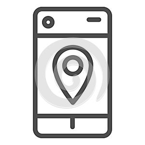 Smartphone map pin line icon. Geo location pointer in mobile phone symbol, outline style pictogram on white background
