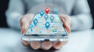 The smartphone with map pins.AI generated image