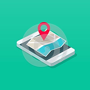 Smartphone and map pointer isometric vector illustration, flat cartoon mobile phone map navigator in 3d style, concept