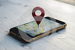 Smartphone with a map and red pin, on a white surface, highlighting navigation