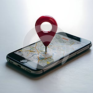 Smartphone with a map and red pin, on a white surface, highlighting navigation
