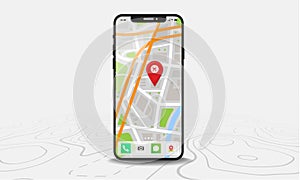 Smartphone with map and red pinpoint on screen  isolated on line maps background. photo