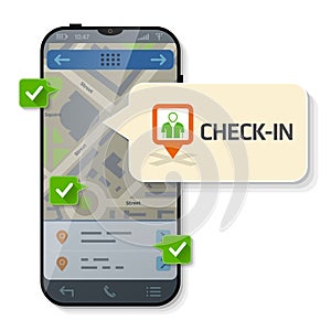 Smartphone with message bubble about check-in