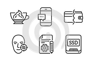 Smartphone message, Problem skin and Espresso cream icons set. Documentation, Payment methods and Ssd signs. Vector photo