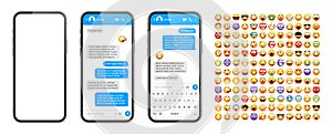 Smartphone messaging app, user interface design with emoji. SMS text frame. Chat screen with blue message bubbles