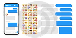 Smartphone messaging app, user interface design with emoji. SMS text frame. Chat screen with blue message bubbles