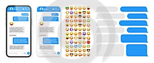 Smartphone messaging app, user interface design with emoji. SMS text frame. Chat screen with blue message bubbles
