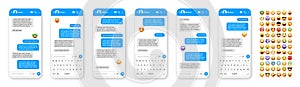 Smartphone messaging app, user interface design with emoji. SMS text frame. Chat screen with blue message bubbles