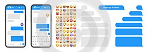 Smartphone messaging app, user interface design with emoji. SMS text frame. Chat screen with blue message bubbles