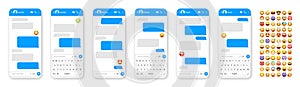 Smartphone messaging app, user interface design with emoji. SMS text frame. Chat screen with blue message bubbles