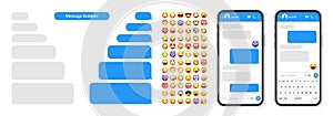 Smartphone messaging app, user interface design with emoji. SMS text frame. Chat screen with blue message bubbles