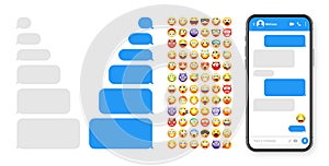 Smartphone messaging app, user interface design with emoji. SMS text frame. Chat screen with blue message bubbles