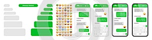 Smartphone messaging app, user interface design with emoji. SMS text frame. Chat screen with green message bubbles