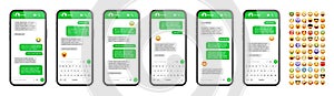 Smartphone messaging app, user interface design with emoji. SMS text frame. Chat screen with green message bubbles