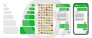 Smartphone messaging app, user interface design with emoji. SMS text frame. Chat screen with green message bubbles