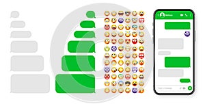 Smartphone messaging app, user interface design with emoji. SMS text frame. Chat screen with green message bubbles