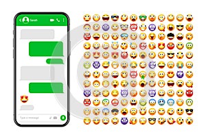 Smartphone messaging app, user interface design with emoji. SMS text frame. Chat screen with green message bubbles