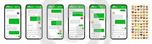 Smartphone messaging app, user interface design with emoji. SMS text frame. Chat screen with green message bubbles
