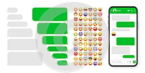 Smartphone messaging app, user interface design with emoji. SMS text frame. Chat screen with green message bubbles