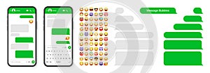 Smartphone messaging app, user interface design with emoji. SMS text frame. Chat screen with green message bubbles