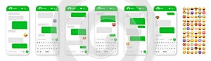 Smartphone messaging app, user interface design with emoji. SMS text frame. Chat screen with green message bubbles