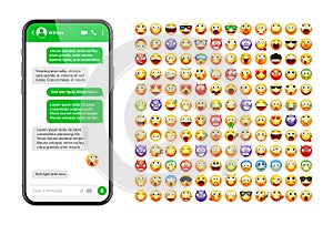 Smartphone messaging app, user interface design with emoji. SMS text frame. Chat screen with green message bubbles