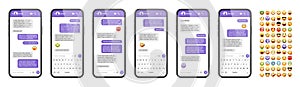 Smartphone messaging app, user interface design with emoji. SMS text frame. Chat screen with violet message bubbles