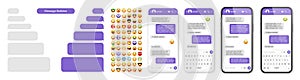 Smartphone messaging app, user interface design with emoji. SMS text frame. Chat screen with violet message bubbles