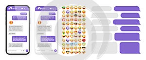 Smartphone messaging app, user interface design with emoji. SMS text frame. Chat screen with violet message bubbles