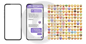 Smartphone messaging app, user interface design with emoji. SMS text frame. Chat screen with violet message bubbles