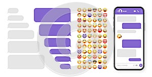 Smartphone messaging app, user interface design with emoji. SMS text frame. Chat screen with violet message bubbles