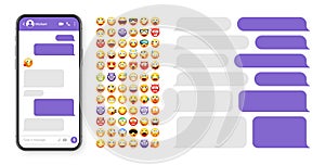 Smartphone messaging app, user interface design with emoji. SMS text frame. Chat screen with violet message bubbles