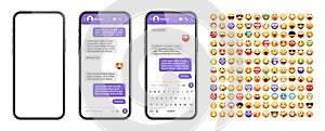 Smartphone messaging app, user interface design with emoji. SMS text frame. Chat screen with violet message bubbles