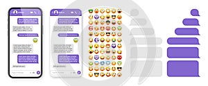 Smartphone messaging app, user interface design with emoji. SMS text frame. Chat screen with violet message bubbles
