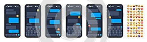 Smartphone messaging app, user interface with emoji. SMS text frame. Chat screen, blue message bubbles. Texting app for