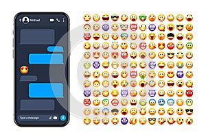Smartphone messaging app, user interface with emoji. SMS text frame. Chat screen, blue message bubbles. Texting app for