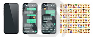 Smartphone messaging app, user interface with emoji. SMS text frame. Chat screen, green message bubbles. Texting app for