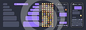 Smartphone messaging app, user interface with emoji. SMS text frame. Chat screen, violet message bubbles. Texting app