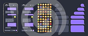 Smartphone messaging app, user interface with emoji. SMS text frame. Chat screen, violet message bubbles. Texting app