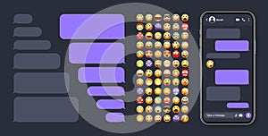 Smartphone messaging app, user interface with emoji. SMS text frame. Chat screen, violet message bubbles. Texting app