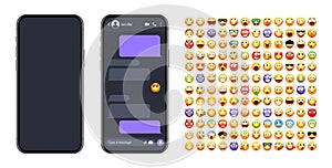 Smartphone messaging app, user interface with emoji. SMS text frame. Chat screen, violet message bubbles. Texting app