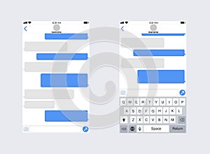 Smartphone with messaging sms app. Chat app template whith mobile keyboard. Social network concept. Vector illustration.