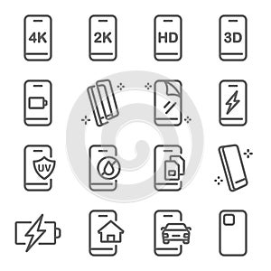 Smartphone Mobile device icon illustration vector set. Contains such icon as Fast Charge, Multi sim, Screen shield, Tempered glass