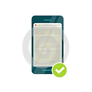 Smartphone with mobile phone browser and green tick, adapted website photo