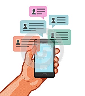 Smartphone, mobile phone in hand. Chatting, chat message, online talking concept. Vector illustration