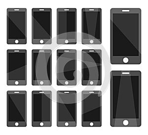Smartphone, mobile phone icon set, modern flat screen with shadow, black isolated on white background, vector illustration.