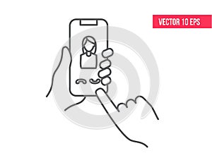 Smartphone or mobile phone ringing in a human`s hand. line icon. Hand holding smartphone