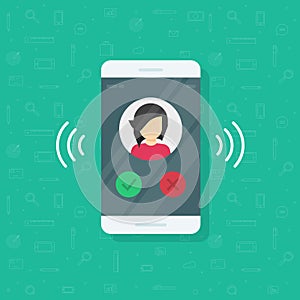 Smartphone or mobile phone ringing vector illustration, flat cartoon cellphone call or vibrate with contact info on